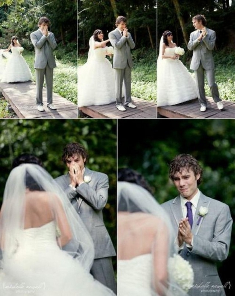 16 conmovedoras fotos de los hombres que vio por primera vez a sus novias en el vestido de novia