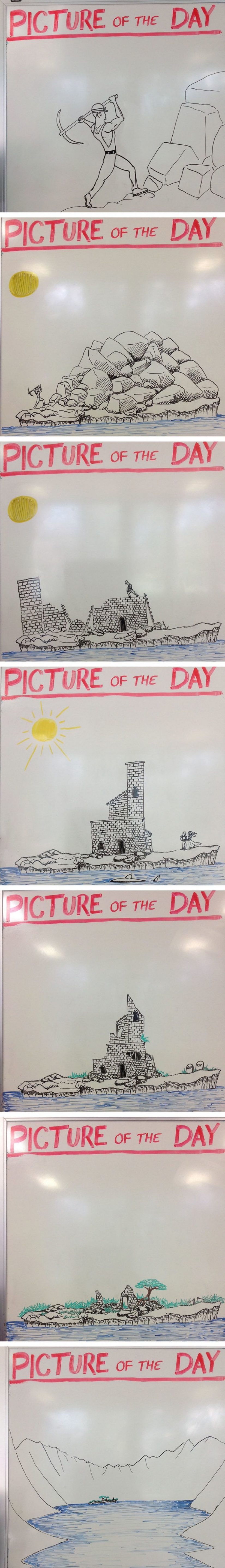 Creative history teacher every day draws pictures on the Board