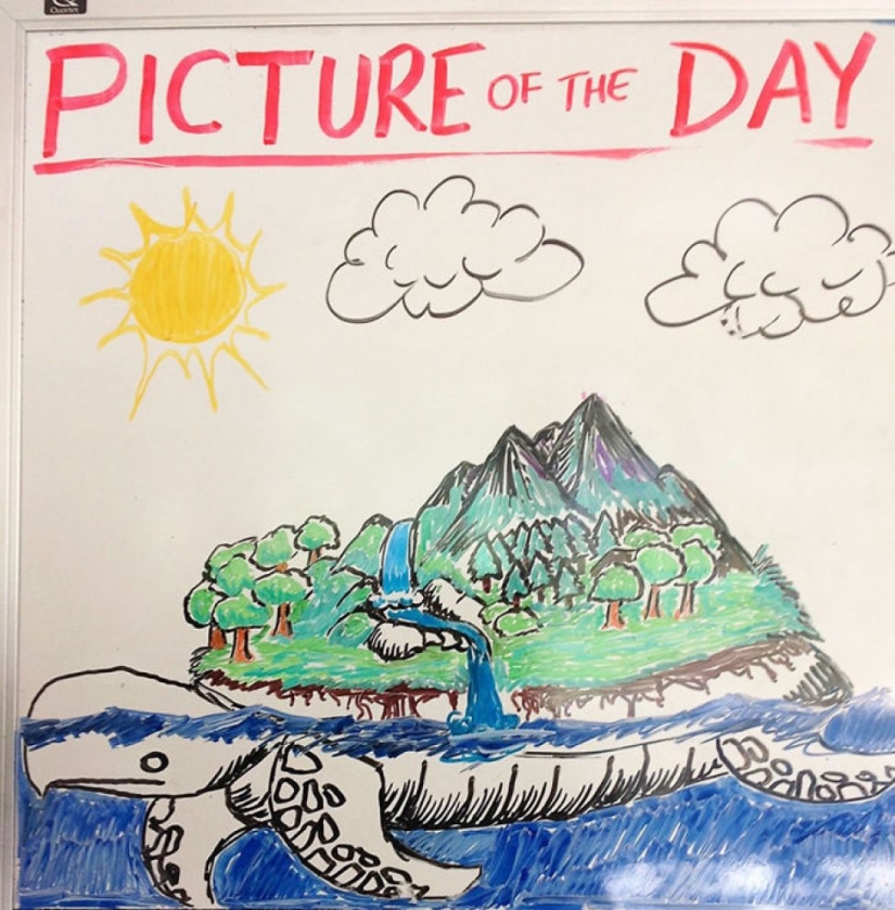 Creative history teacher every day draws pictures on the Board