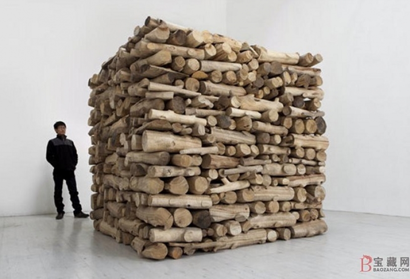 En el patio de hierba, la hierba de leña