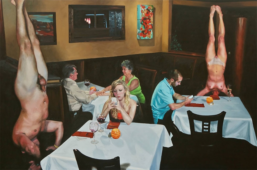 Evil caricature of the people whom the entire world had replaced the screen of the smartphone Evil caricature of the people whom the entire world had replaced the screen of the smartphone