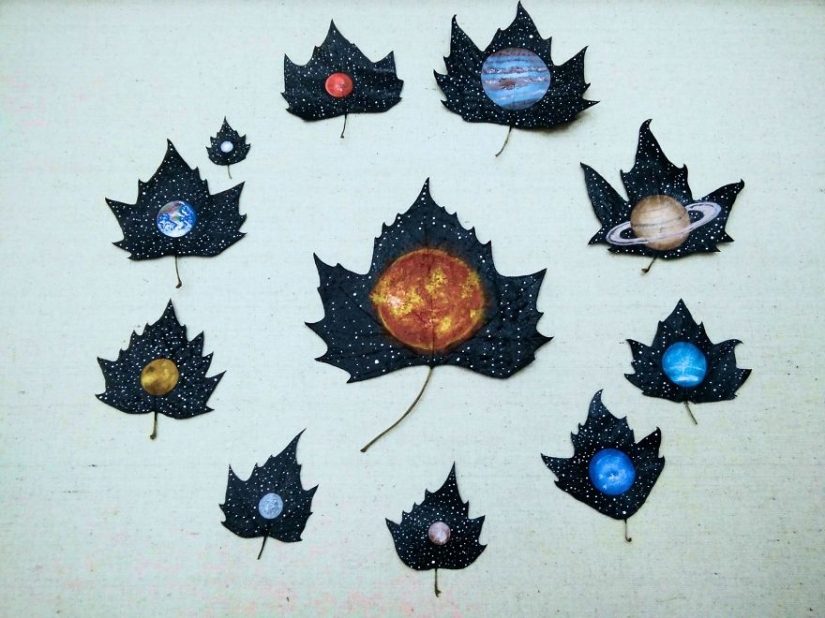 Fantasy worlds on a dry maple leaf