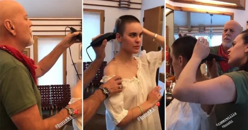 I gave birth to you, I'll cut! Bruce Willis shaved his daughter's hair