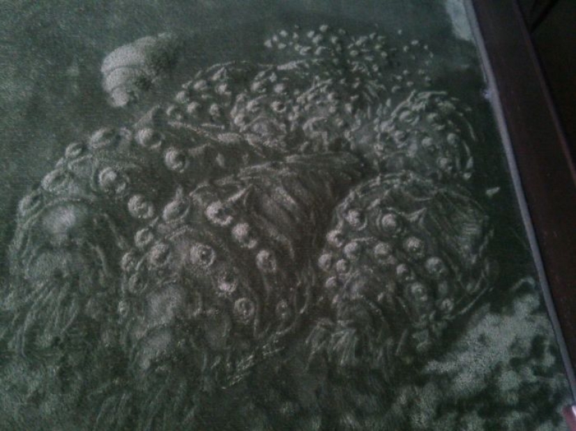 Japanese woman interested to vacuum just so, and she draws on the carpets of the picture