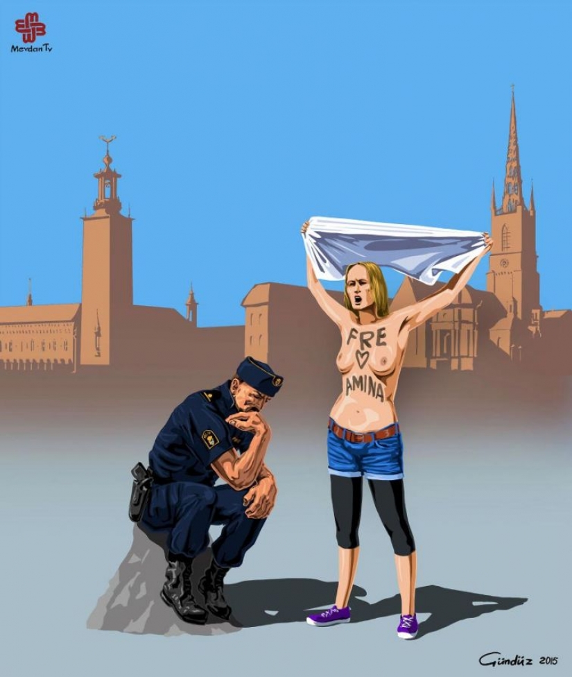 La república de azerbaiyán, el artista ha representado el verdadero rostro del mundo, la policía de la satírica ilustraciones