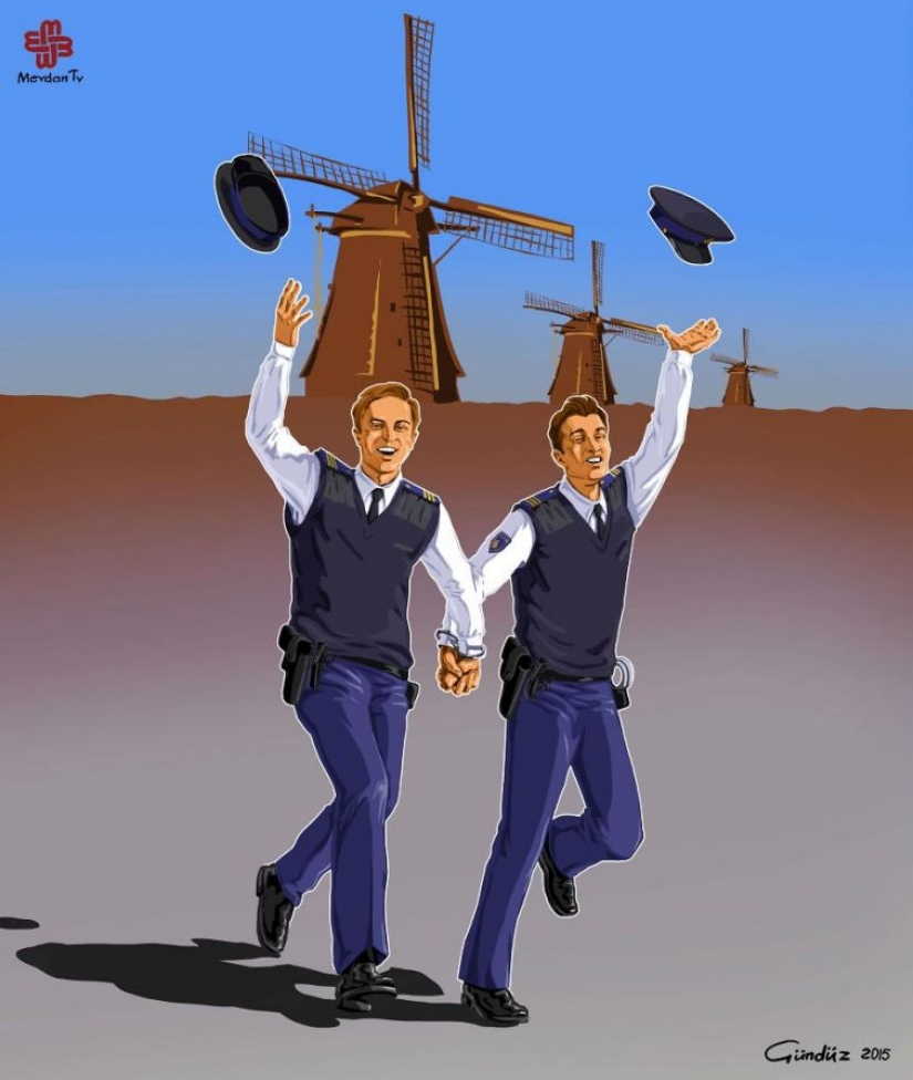 La república de azerbaiyán, el artista ha representado el verdadero rostro del mundo, la policía de la satírica ilustraciones