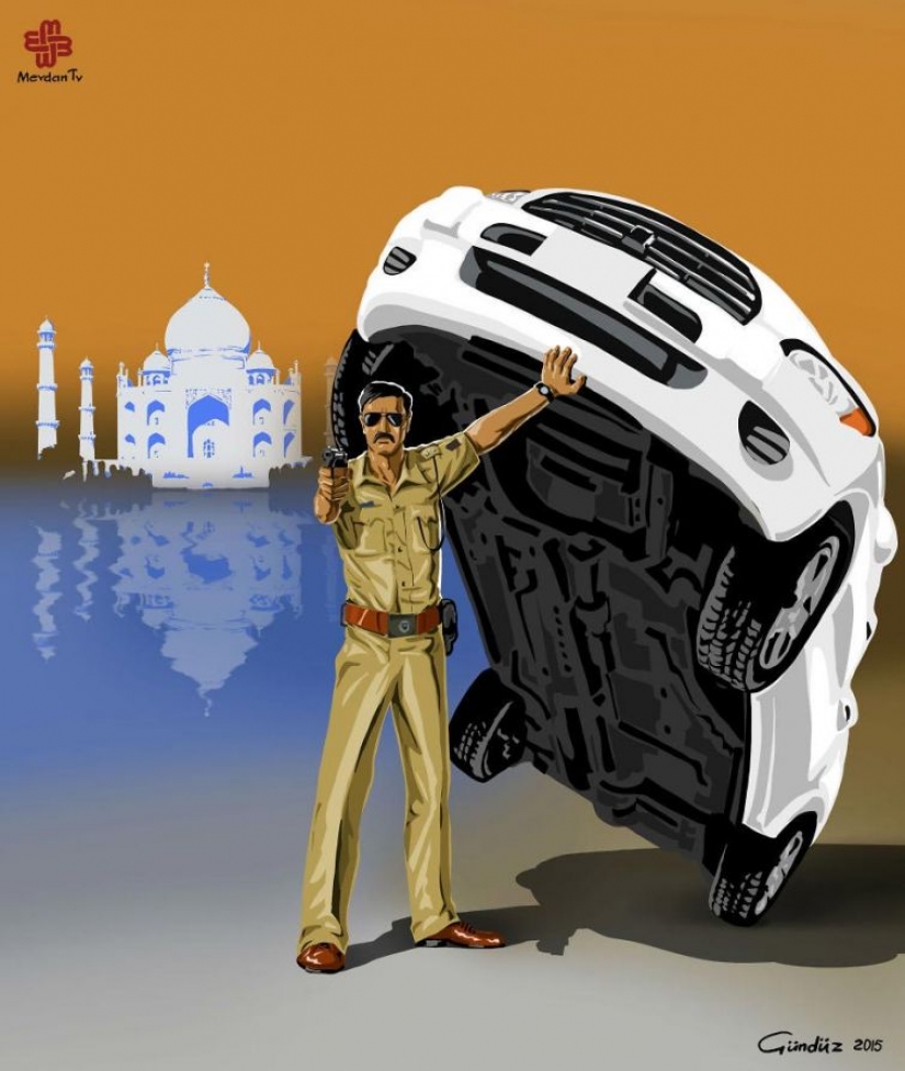 La república de azerbaiyán, el artista ha representado el verdadero rostro del mundo, la policía de la satírica ilustraciones