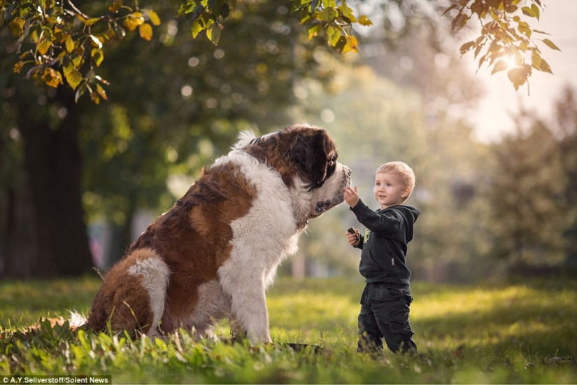 Little children of St. Petersburg and their huge four-legged friends