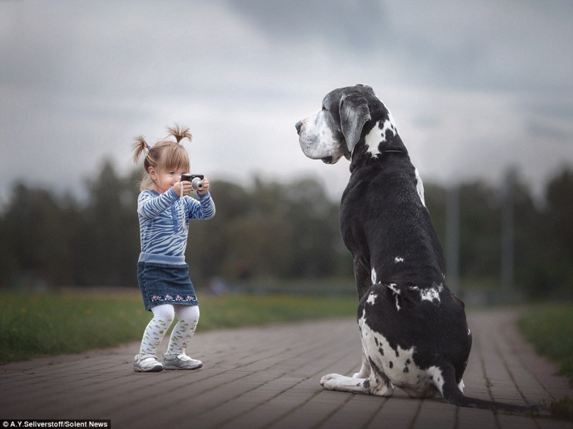 Little children of St. Petersburg and their huge four-legged friends
