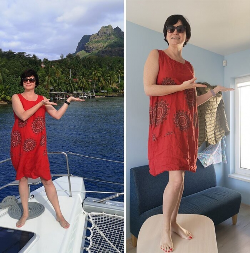 Remember where we were! People recreate photos from travels, sitting in quarantine