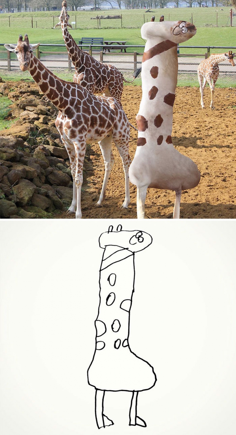 The father showed how would look the characters of children's drawings in real life