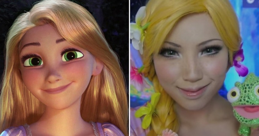 The girl tried on the images of 15 disney princesses