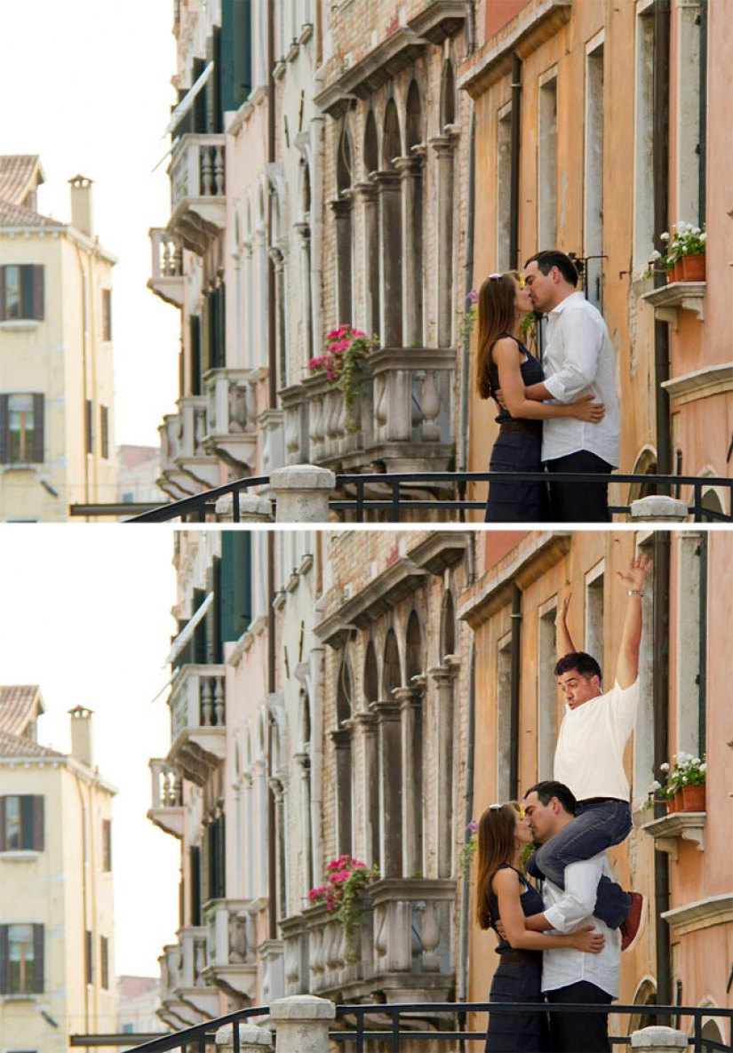 The guy masterfully inscribes itself in pictures from photobanks, and it's incredibly funny