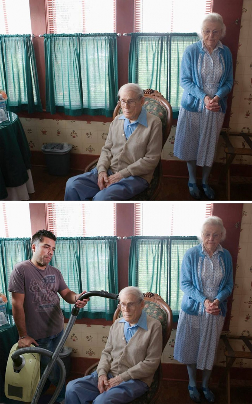 The guy masterfully inscribes itself in pictures from photobanks, and it's incredibly funny