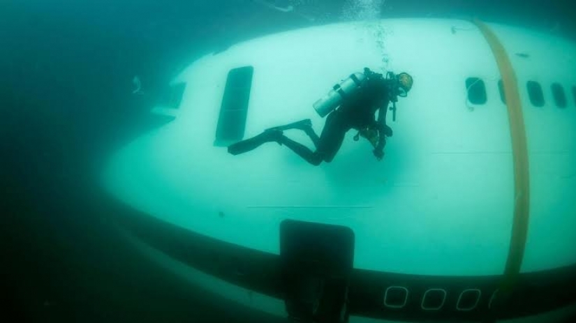 Under a plane wing about something sings the green sea in Bahrain opened underwater Park inside the "Boeing" Under a plane wing about something sings the green sea in Bahrain opened underwater Park inside the "Boeing"