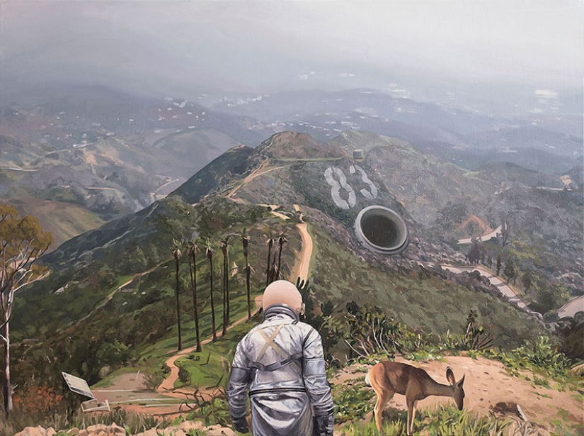 Vagando solitario astronauta sobre las ruinas de la civilización