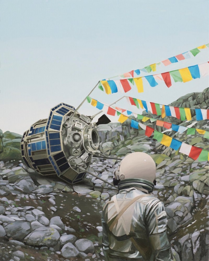 Vagando solitario astronauta sobre las ruinas de la civilización