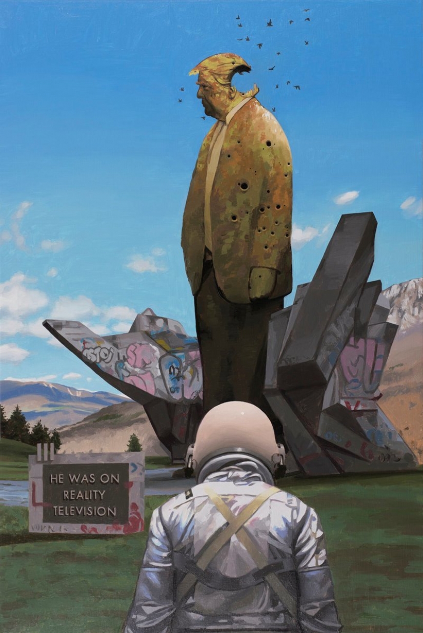 Vagando solitario astronauta sobre las ruinas de la civilización