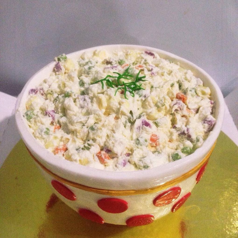 A basin of olivier, dumplings, a dead pigeon and other ironic cakes of a pastry chef from St. Petersburg