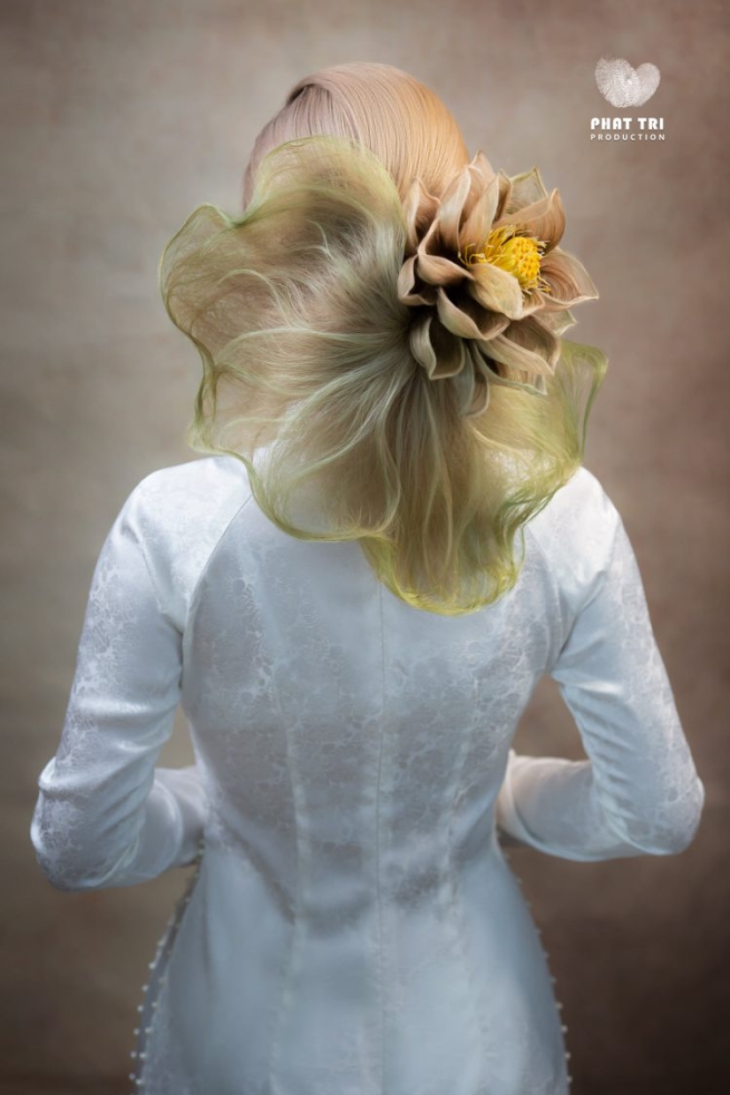 A talented hairdresser creates spectacular hairstyles in the form of flowers A talented hairdresser creates spectacular hairstyles in the form of flowers