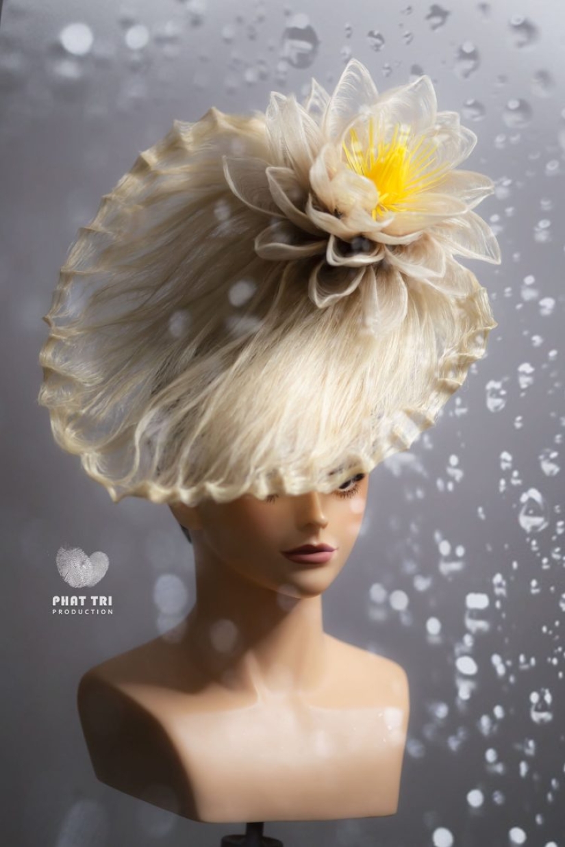 A talented hairdresser creates spectacular hairstyles in the form of flowers A talented hairdresser creates spectacular hairstyles in the form of flowers