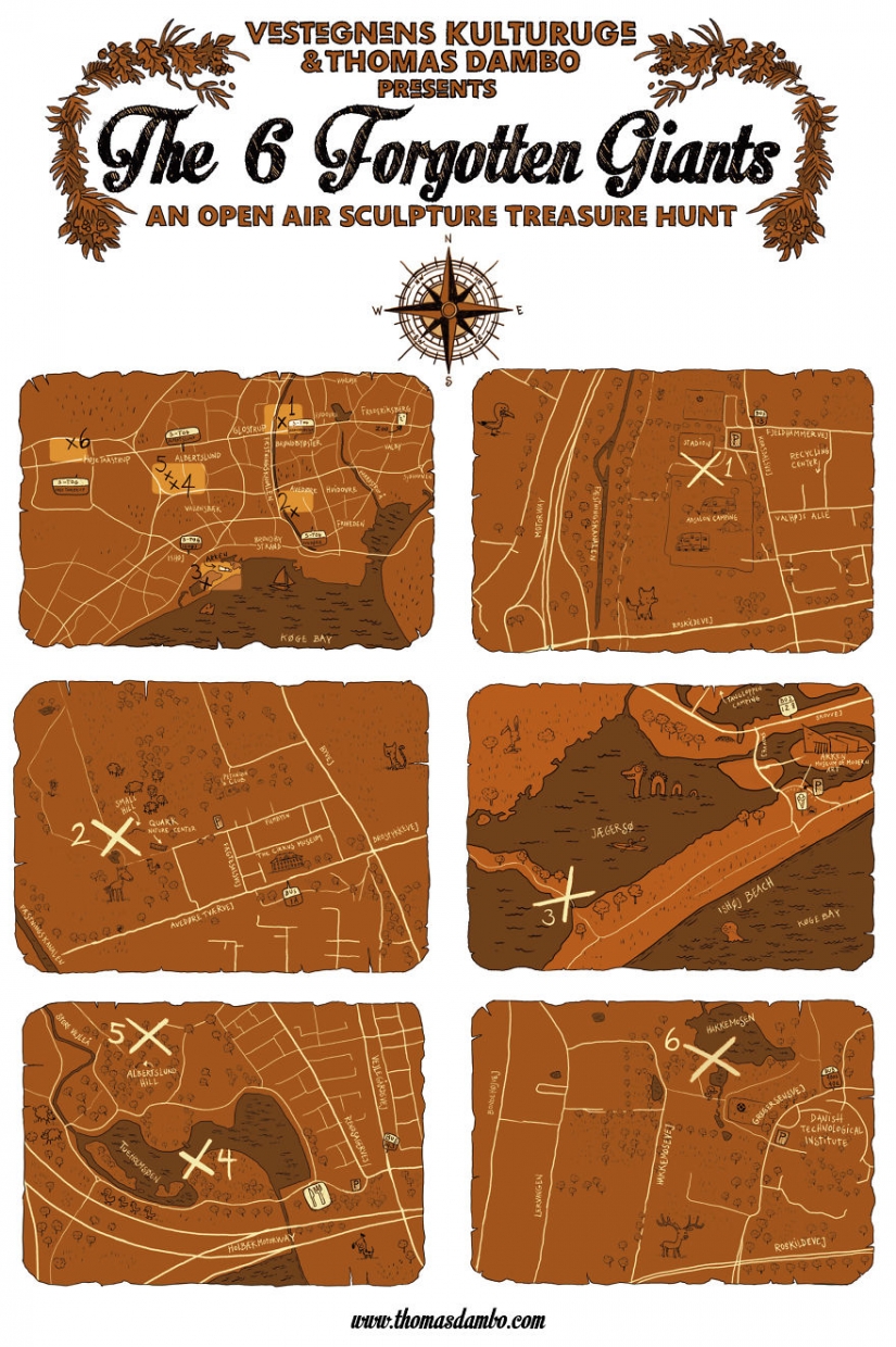 An artist has drawn a treasure map and hidden friendly giants in the forests of Copenhagen