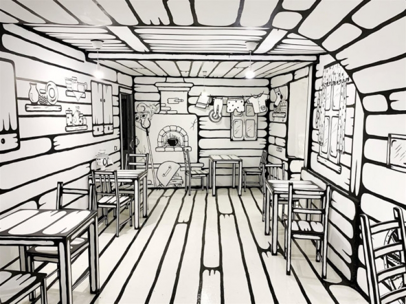 Black and white illusion: what does CHBKAFE, a "painted" coffee shop in St. Petersburg, look like? Black and white illusion: what does CHBKAFE, a "painted" coffee shop in St. Petersburg, look like?