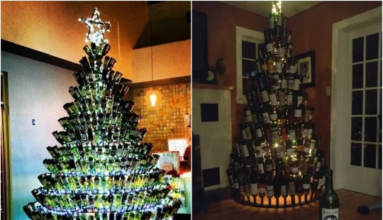 Británico las Amas de casa a recoger botellas para hacer de ellos un árbol de Navidad