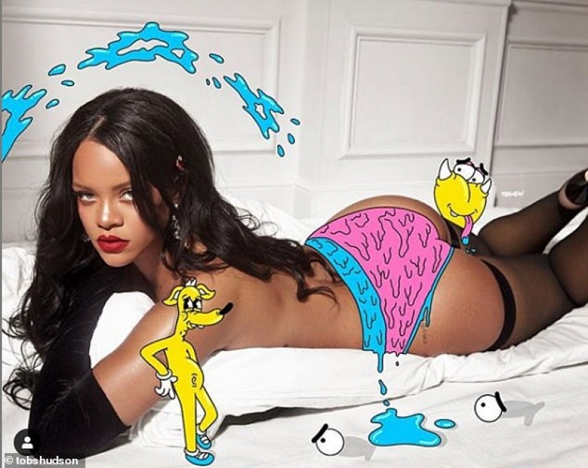 Cartoons for adults: guy makes hot collage sexy stars in bikinis