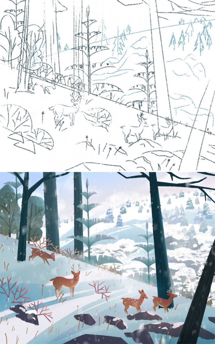 Croquis versus Final: los artistas muestran su trabajo en la etapa de boceto y terminado