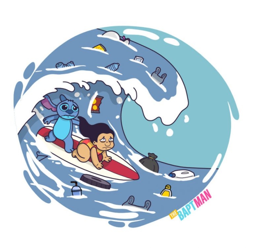 El artista trató de imaginar cómo estos famosos personajes sufrirían los desastres ambientales.