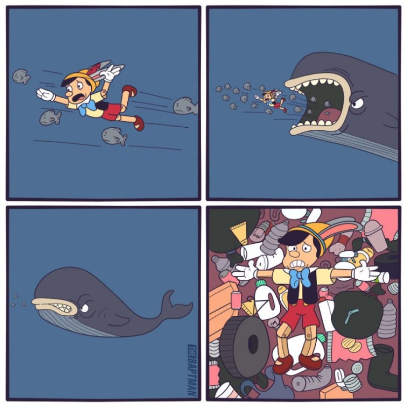 El artista trató de imaginar cómo estos famosos personajes sufrirían los desastres ambientales.