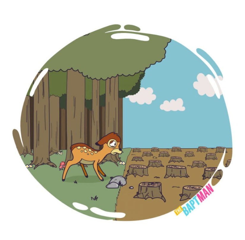 El artista trató de imaginar cómo estos famosos personajes sufrirían los desastres ambientales.