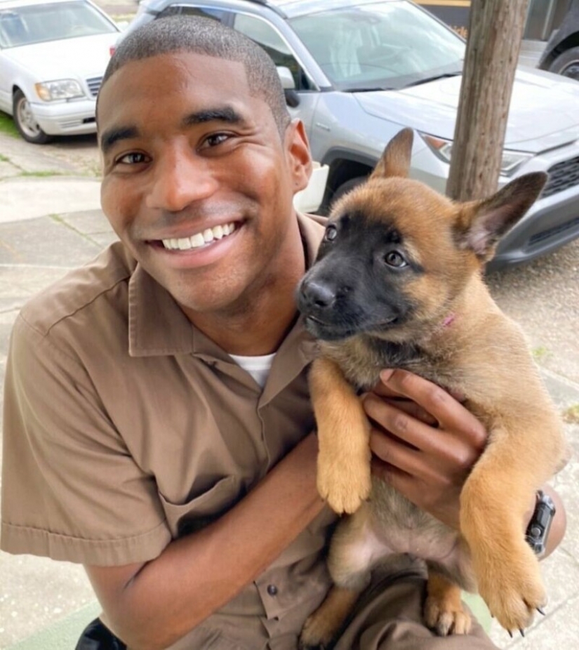 Funny courier photographed with every dog he meets
