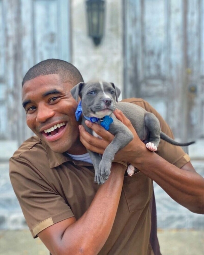 Funny courier photographed with every dog he meets