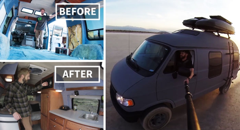Having turned an old grandmother's van into a mobile home, the guy travels around the world Having turned an old grandmother's van into a mobile home, the guy travels around the world
