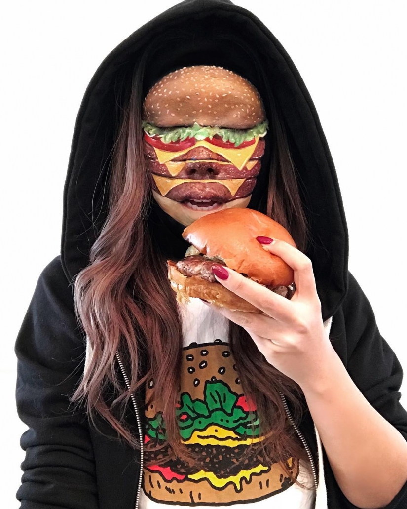 "I'm going to gnaw your face now": a Canadian make-up artist draws burgers, rolls and pizza on women's faces
