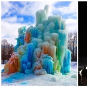 La familia construye una casa al lado de una enorme escultura de hielo cada Navidad