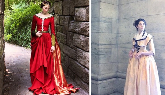 La moda de los viajes en el tiempo: una chica en la histórica ciudad de trajes estaba fascinado por la Red La moda de los viajes en el tiempo: una chica en la histórica ciudad de trajes estaba fascinado por la Red