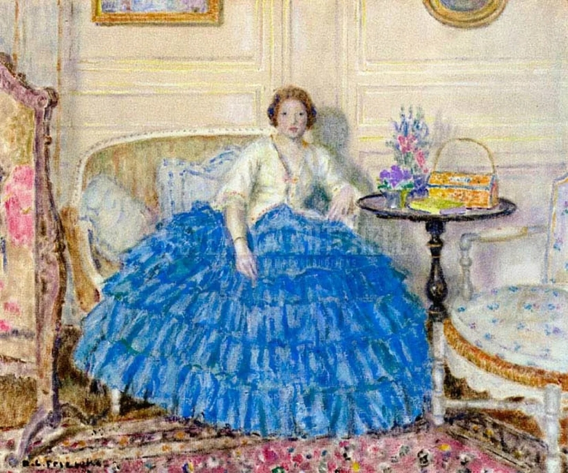 Ladies in bulky dresses: as in the past, women had to cope with toilet