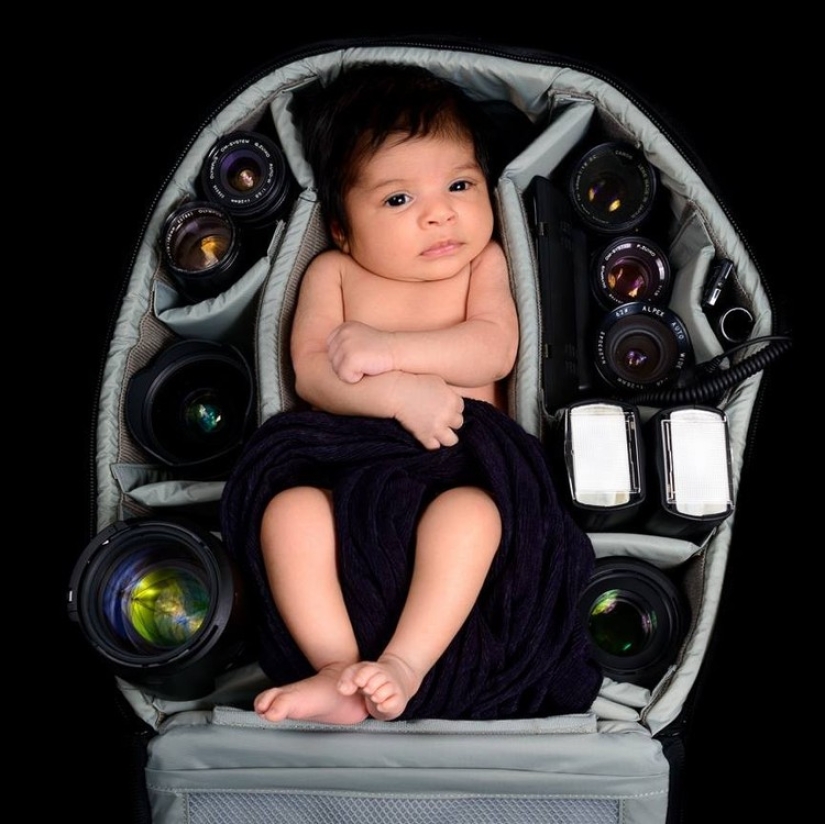 Photographers take pictures of their tiny children in photo bags