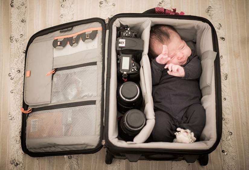 Photographers take pictures of their tiny children in photo bags