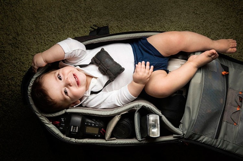 Photographers take pictures of their tiny children in photo bags
