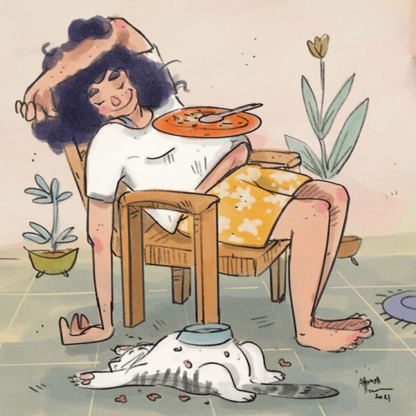 Quarantine life with a cat in illustrations by the Indian artist Annada Menon Quarantine life with a cat in illustrations by the Indian artist Annada Menon