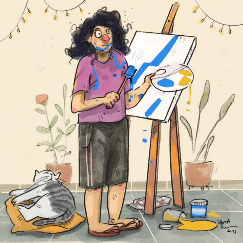 Quarantine life with a cat in illustrations by the Indian artist Annada Menon Quarantine life with a cat in illustrations by the Indian artist Annada Menon