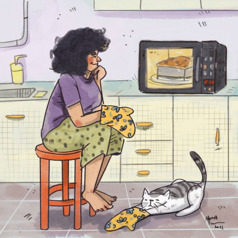 Quarantine life with a cat in illustrations by the Indian artist Annada Menon Quarantine life with a cat in illustrations by the Indian artist Annada Menon