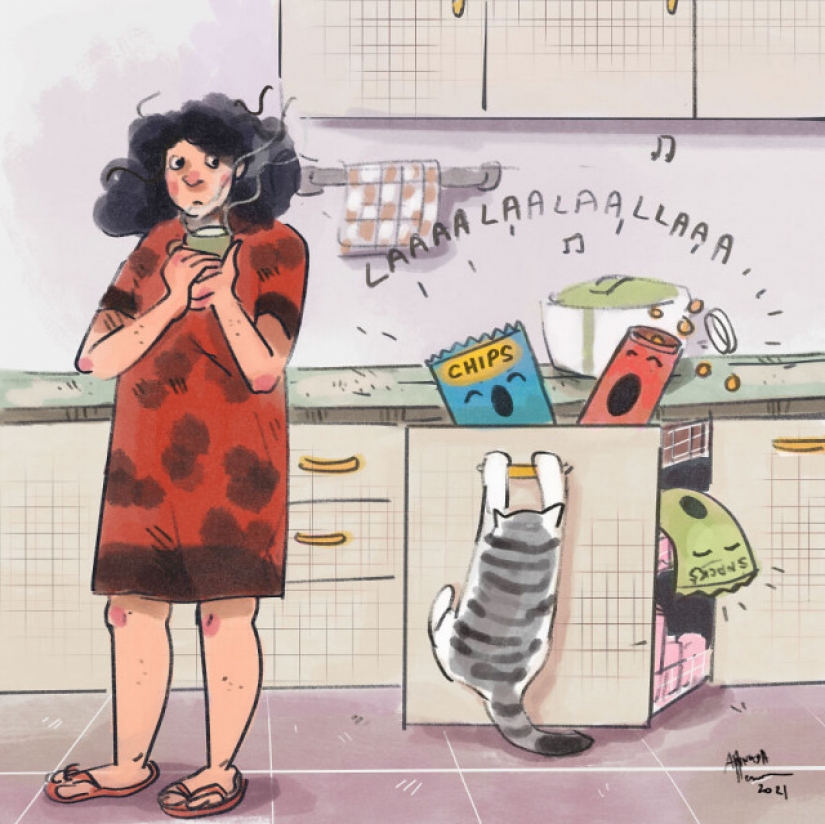 Quarantine life with a cat in illustrations by the Indian artist Annada Menon Quarantine life with a cat in illustrations by the Indian artist Annada Menon