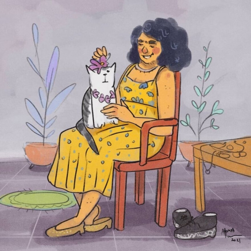 Quarantine life with a cat in illustrations by the Indian artist Annada Menon Quarantine life with a cat in illustrations by the Indian artist Annada Menon