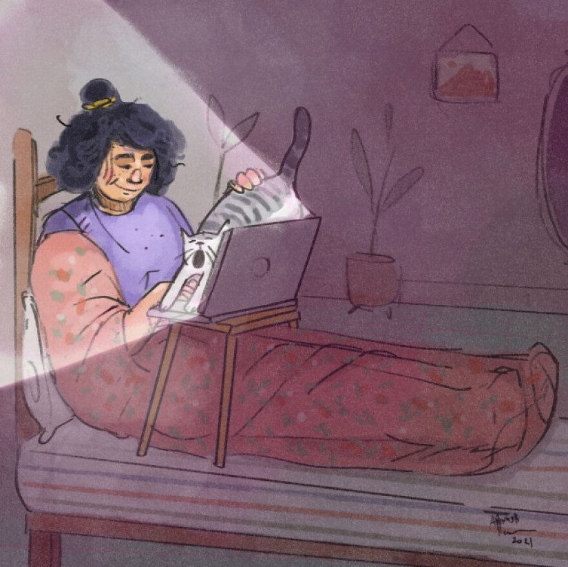 Quarantine life with a cat in illustrations by the Indian artist Annada Menon Quarantine life with a cat in illustrations by the Indian artist Annada Menon
