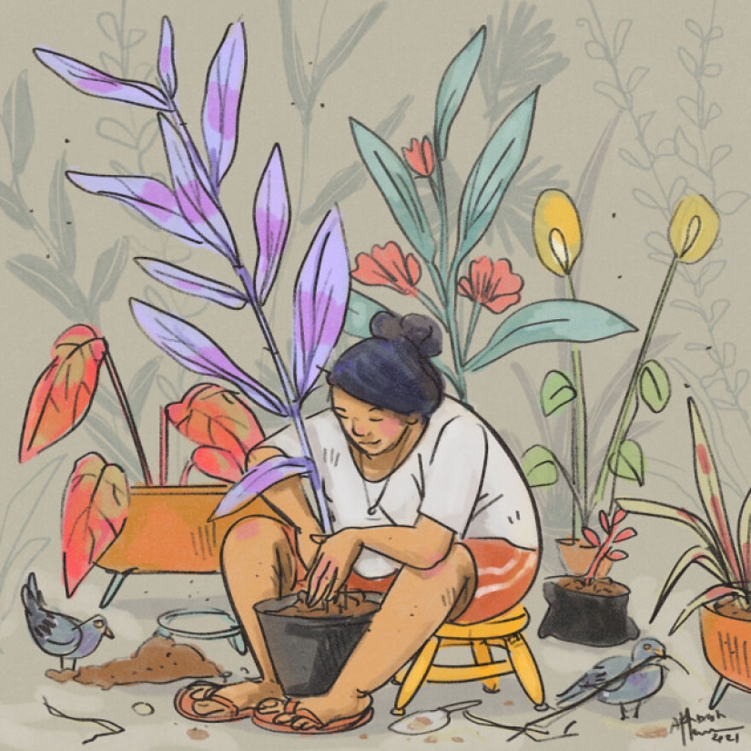 Quarantine life with a cat in illustrations by the Indian artist Annada Menon Quarantine life with a cat in illustrations by the Indian artist Annada Menon